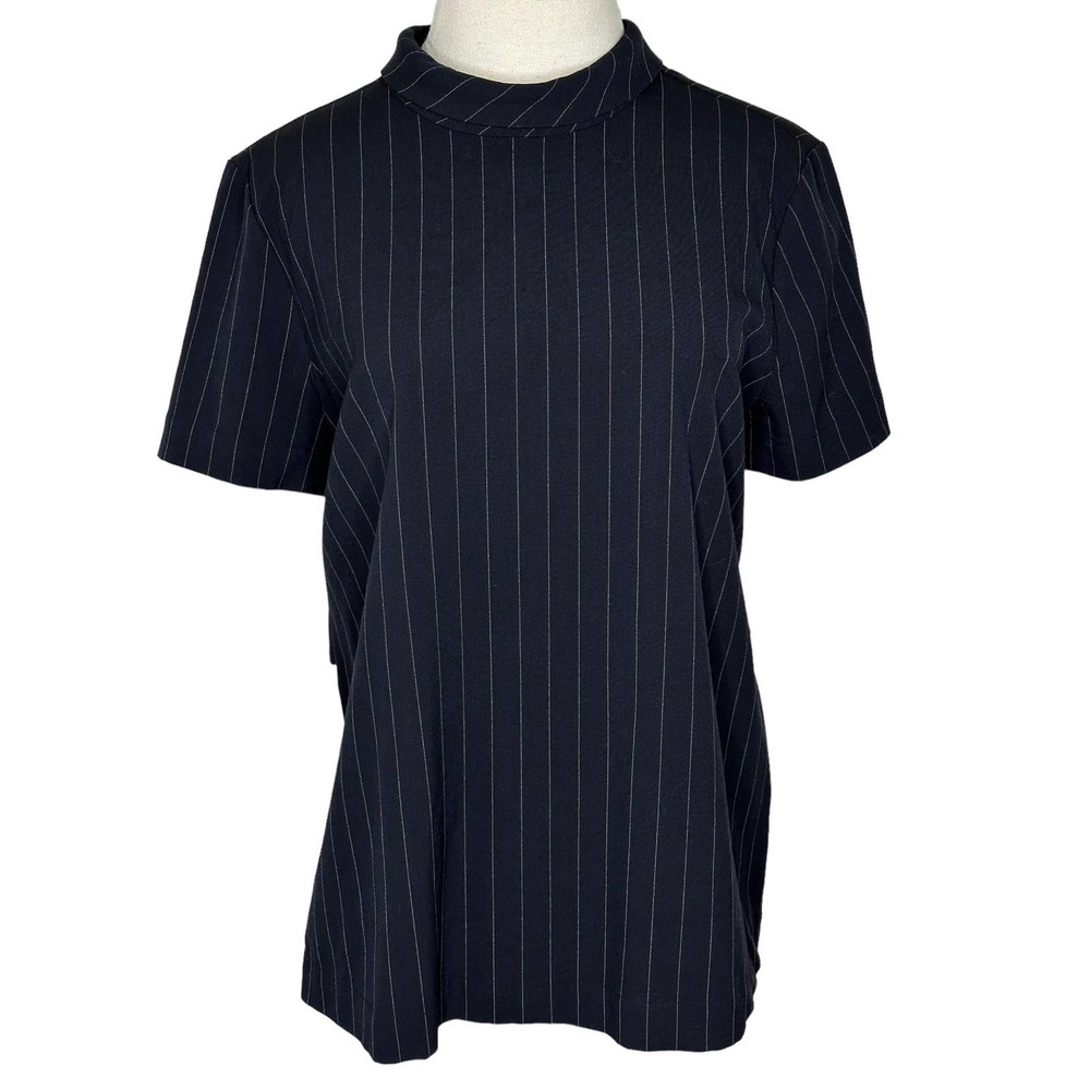 Halogen Top S Black Pin-Stripe Modest Career Blouse Lightweight Easy Fit #021